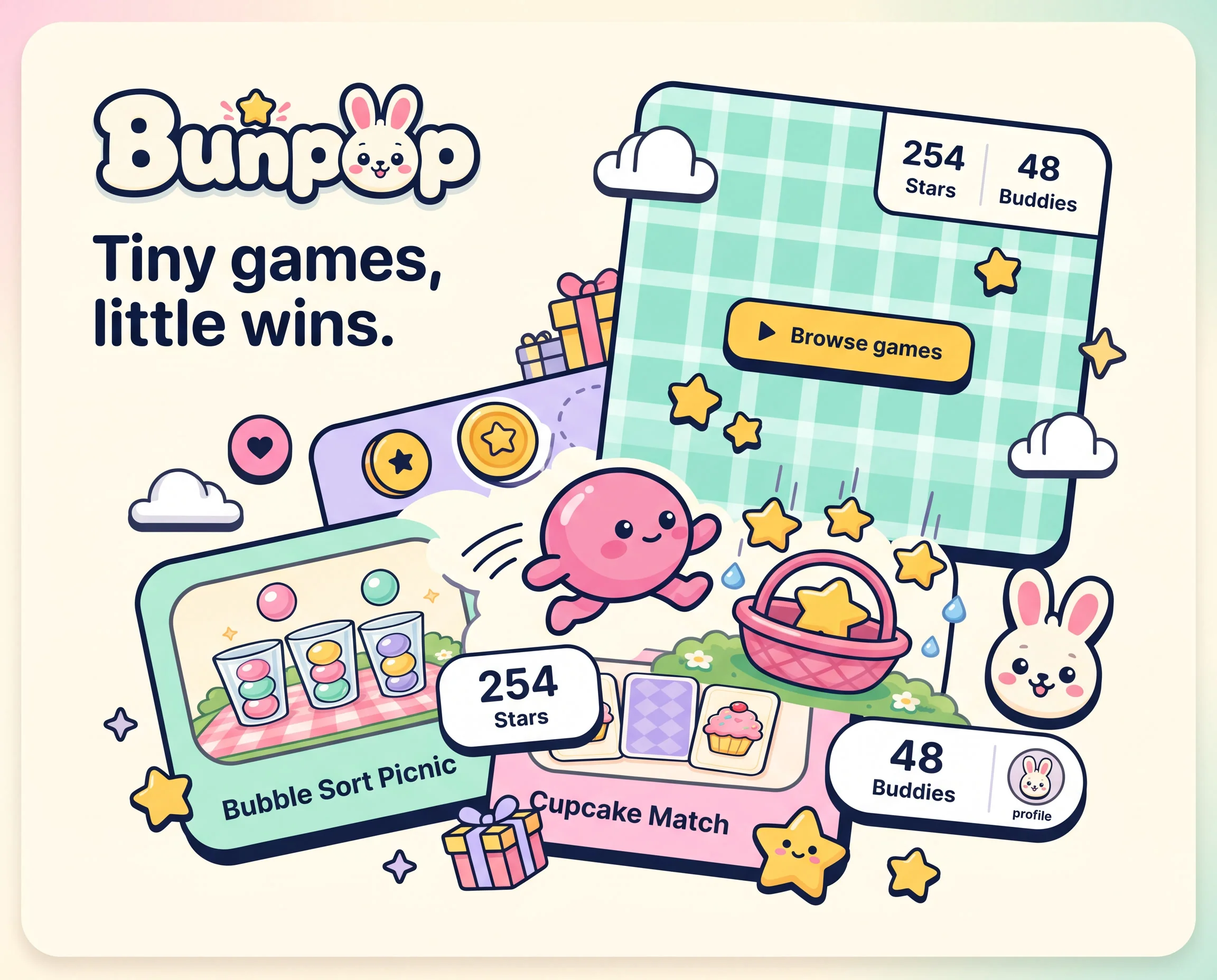 Bunpop game world with colorful mini-games, rewards, stars, and characters