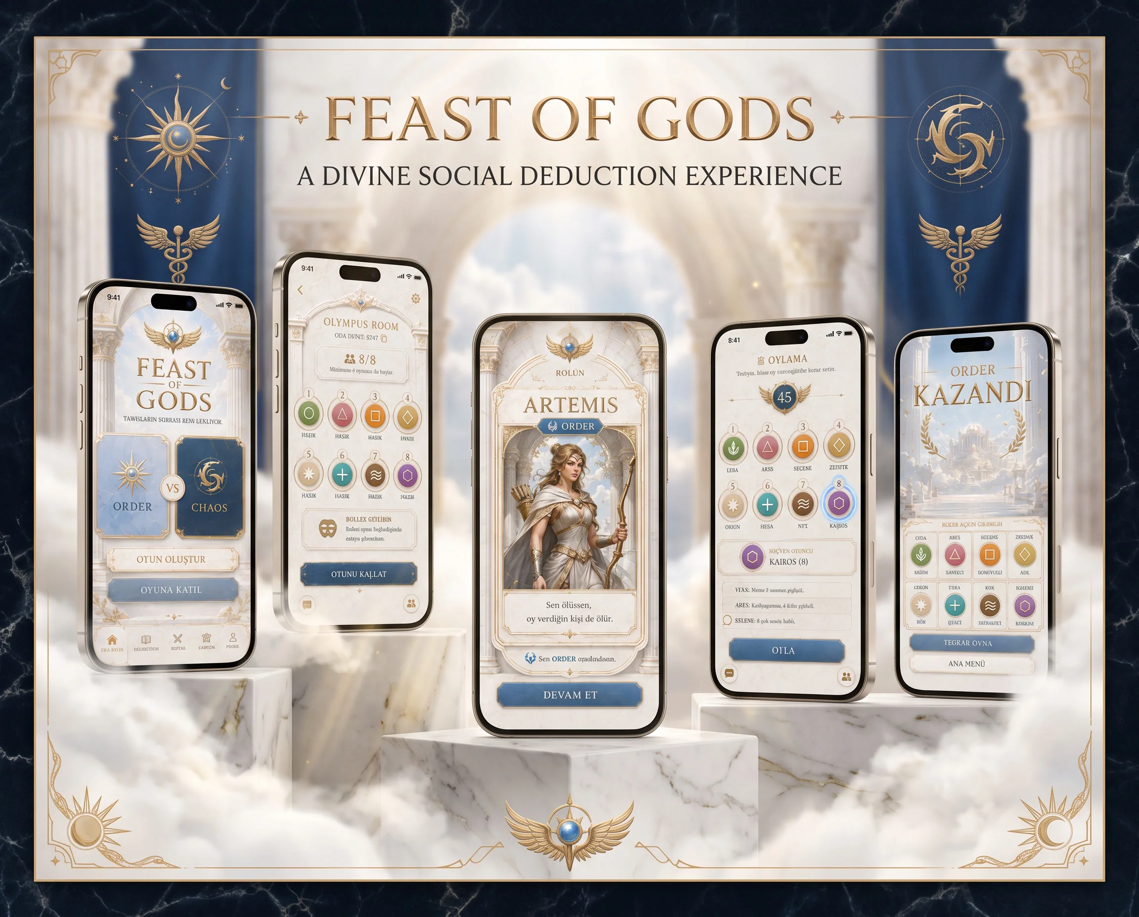 Feast of Gods social deduction game shown across five mobile interfaces
