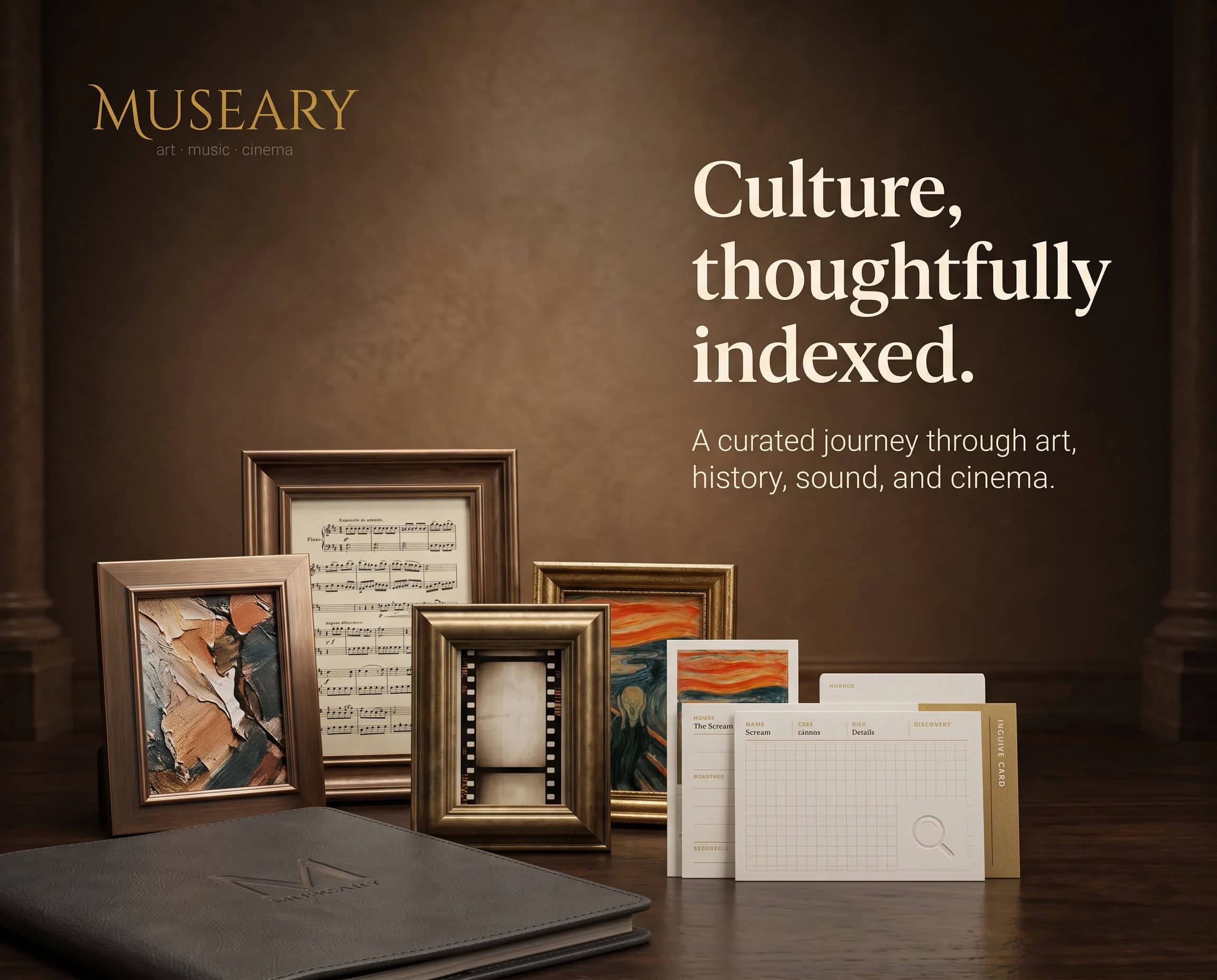 Museary presentation featuring framed art, music, cinema, and archival objects